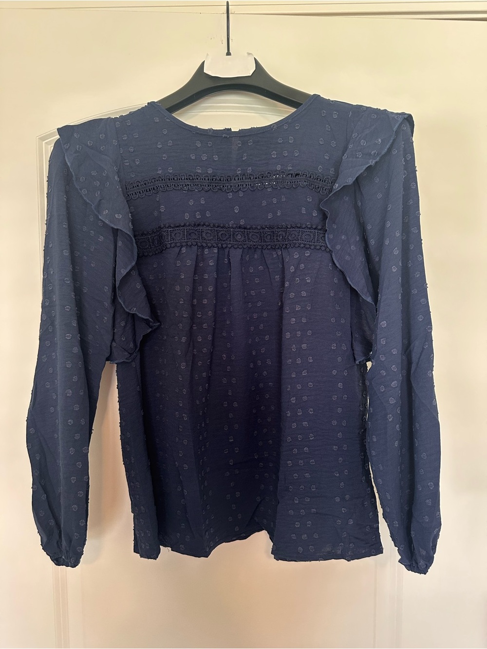 Pretty Garden Navy Ruffled Swiss Dot Long-Sleeve Blouse XS